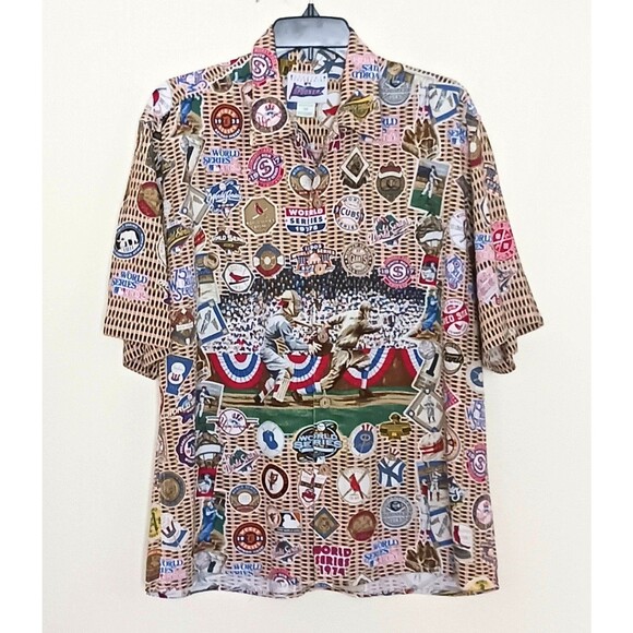 Reyn Spooner MLB World Series Button Front Aloha Shirt All Over Print Sz M - Picture 1 of 9